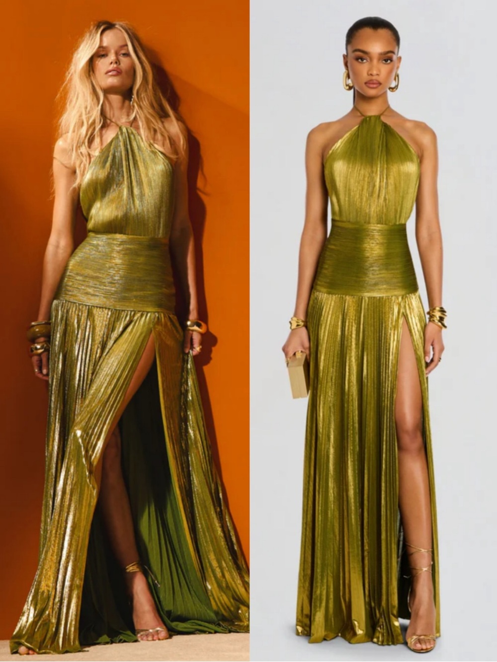 Retrofete Thalia Olive Green Metallic Evening Gown Maxi Dress Size Med NEW! NWT!